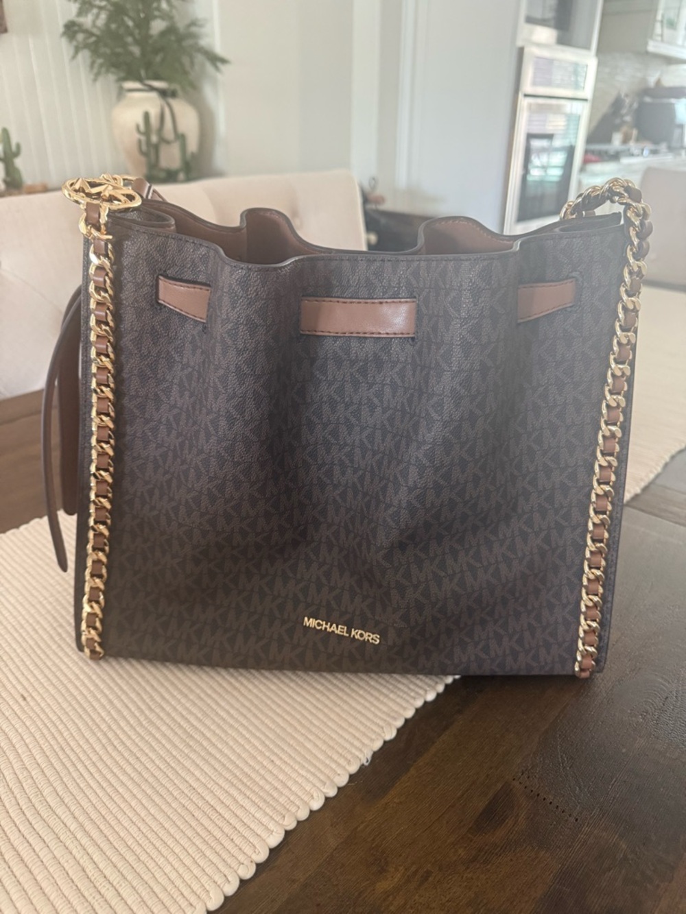 Michael Kors Brown Logo-Print Shoulder Bag with Gold Chain Detail